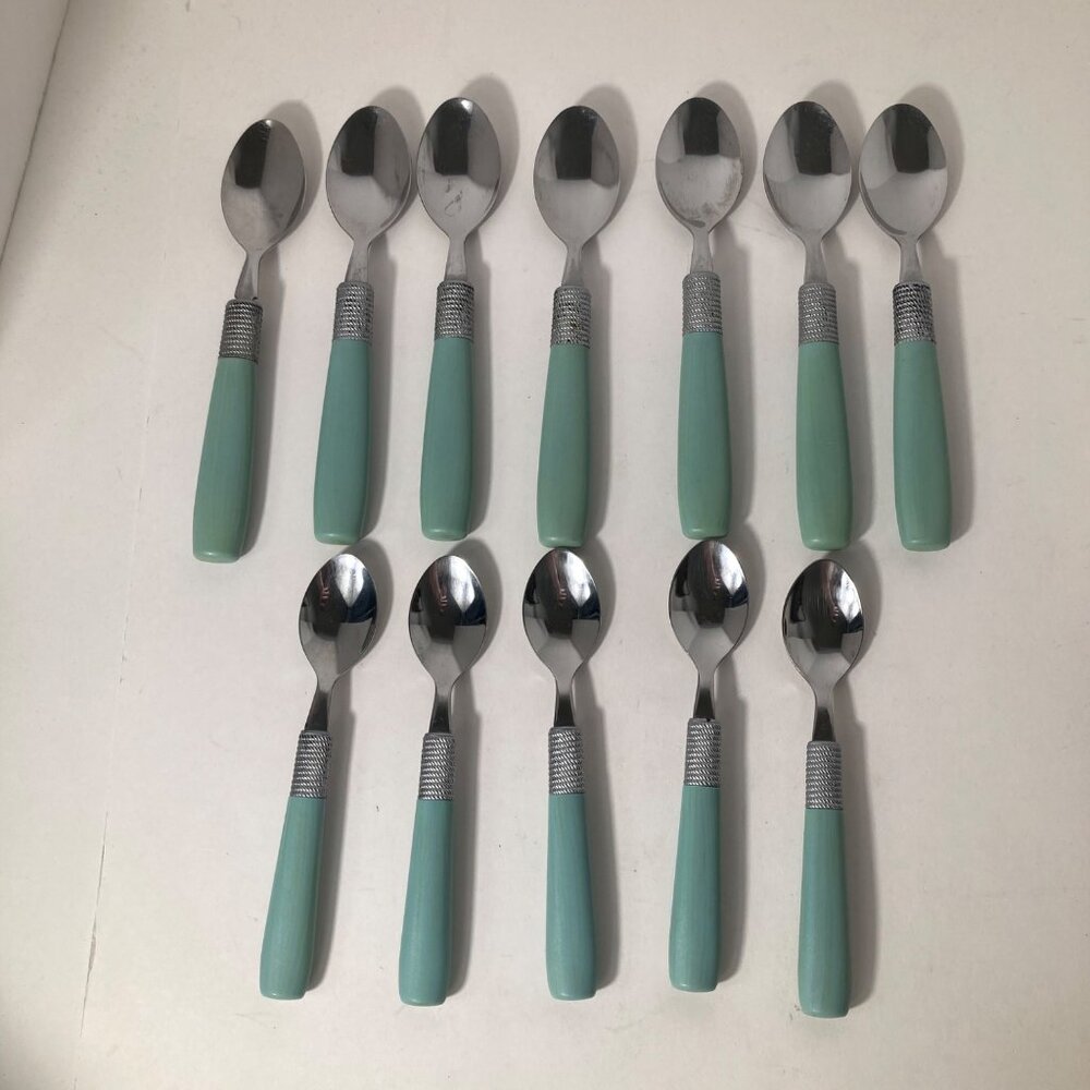 Vintage Cambridge Dinner Spoons Green Stainless Flatware Plastic Handle 7 TBS, 5